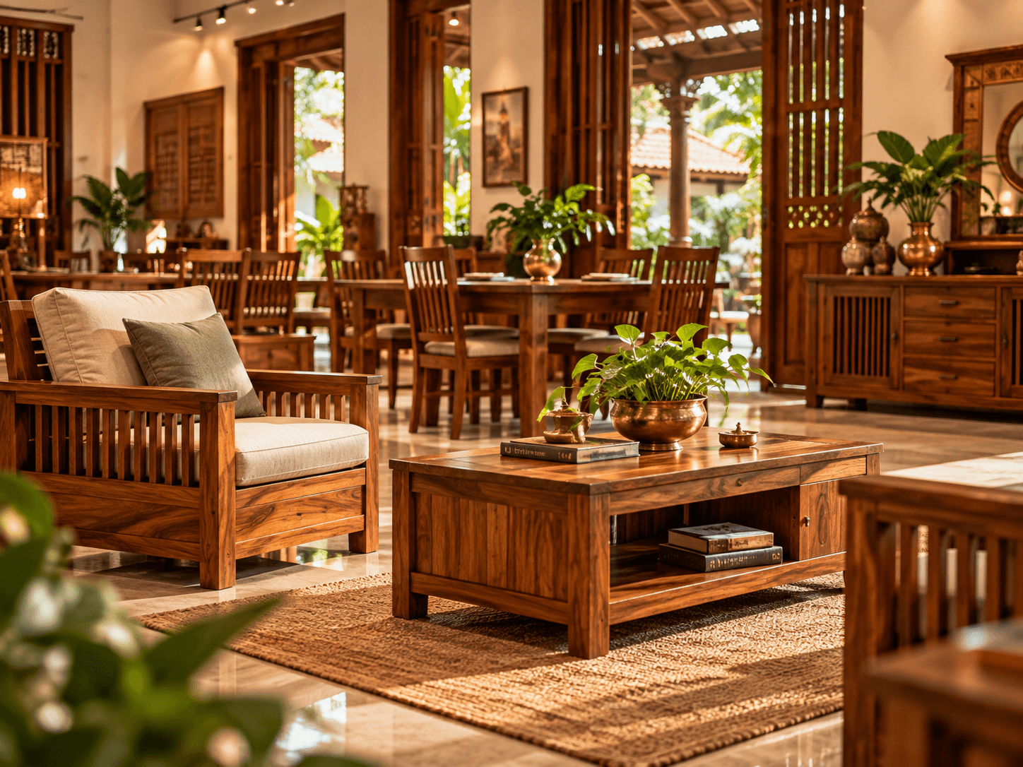 Genuine Nilambur teak wood furniture with natural wood grain and craftsmanship