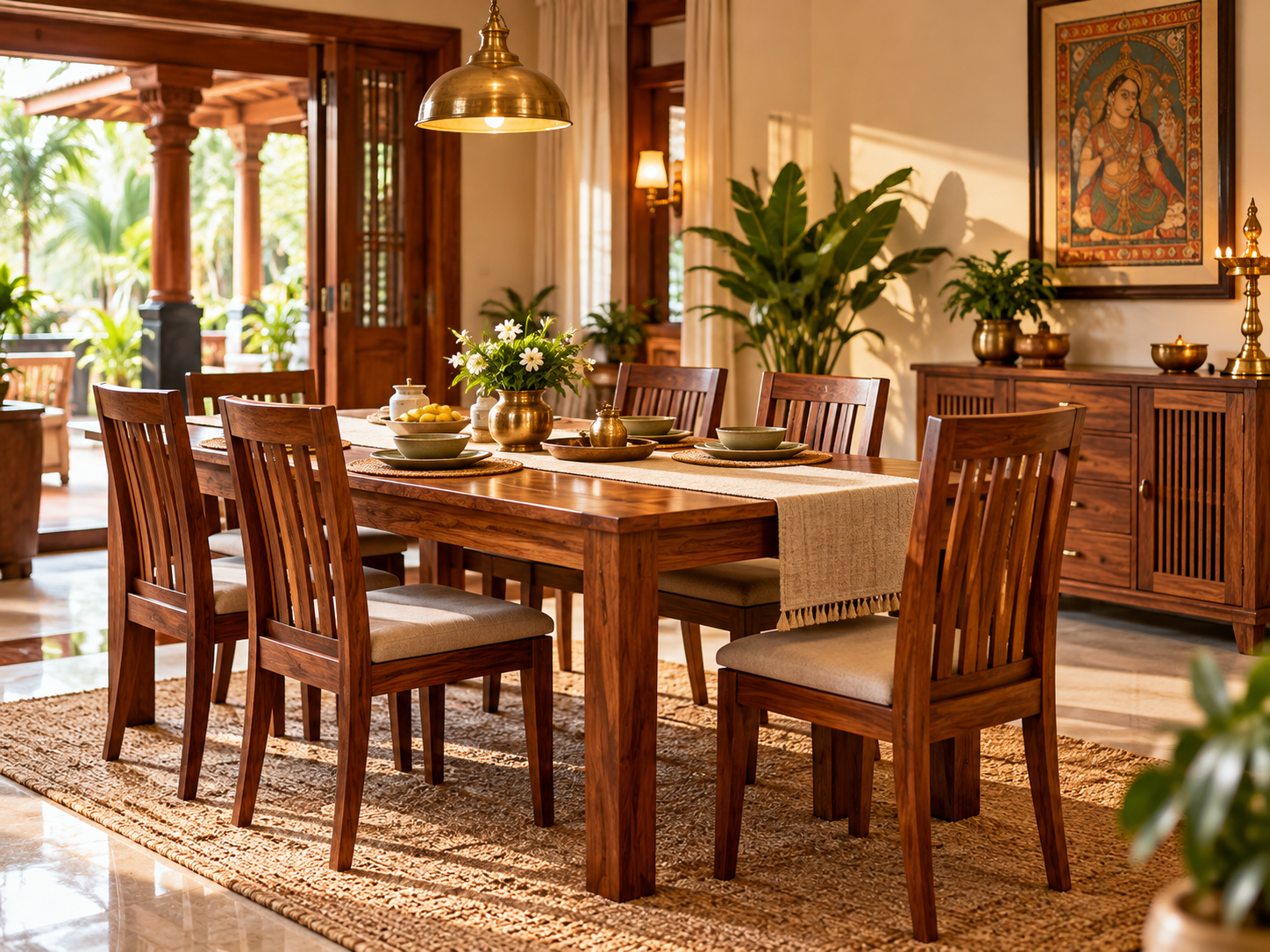 Teak wood dining table in a modern family dining room