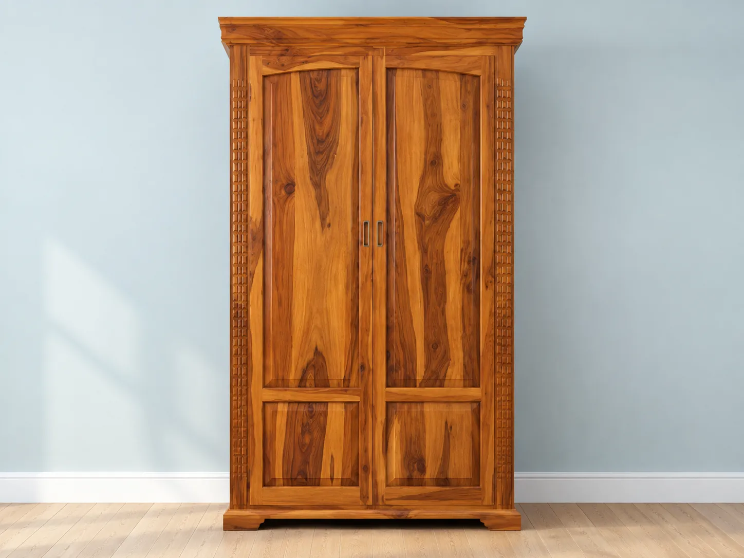 Kallingal Contemporary 2-Door Almirah 13 - Flat-Panel Teak Wardrobe Kallingal flat-panel modern 2-door teak almirah with recessed handles and satin varnish