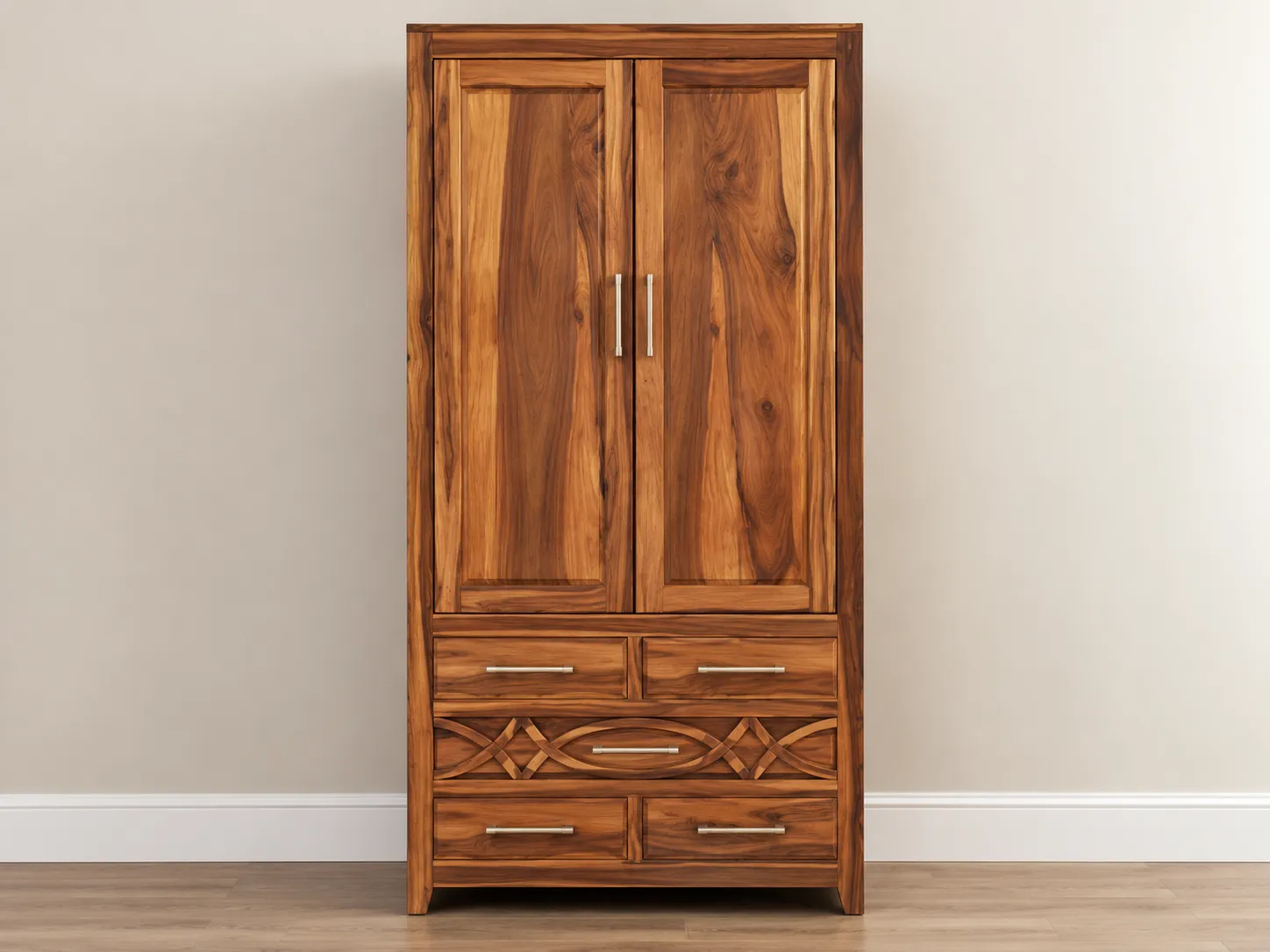 Kallingal Sovereign 3-Door Wardrobe 19 - Heirloom Teak Wardrobe Kallingal three door solid teak almirah with smooth grain patterns and antique brass latch