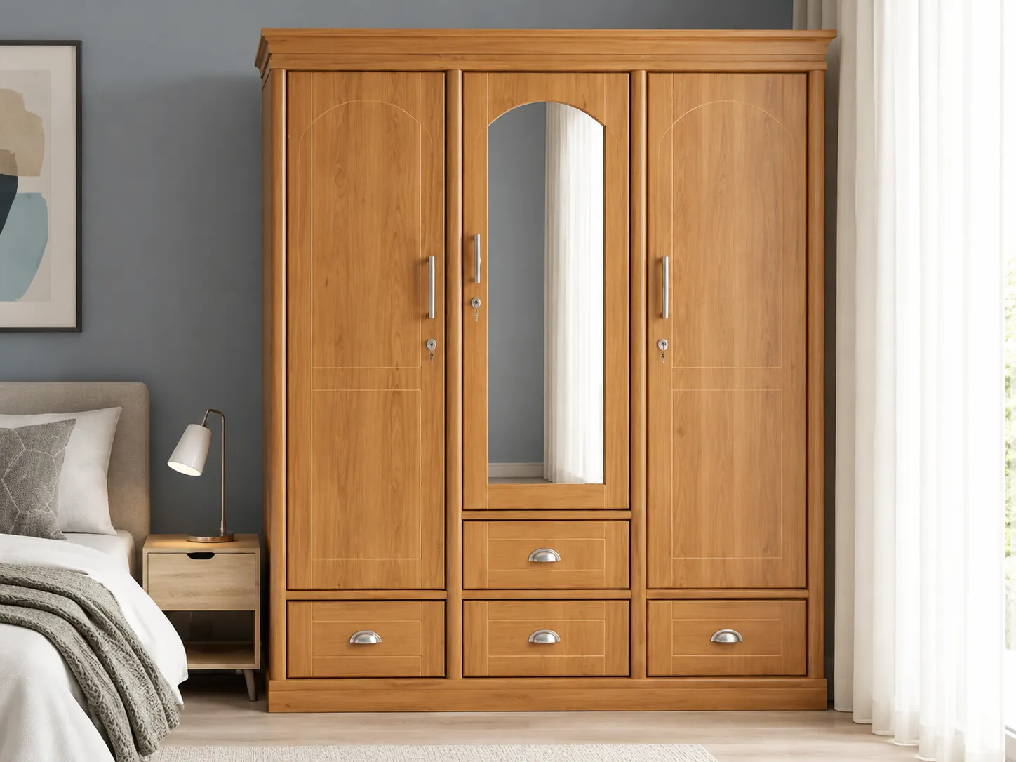 Kallingal Mirror Wardrobe 2 - Teak Almirah with Full Dressing Mirror Kallingal handcrafted teak wood almirah with full-length dressing mirror on central door