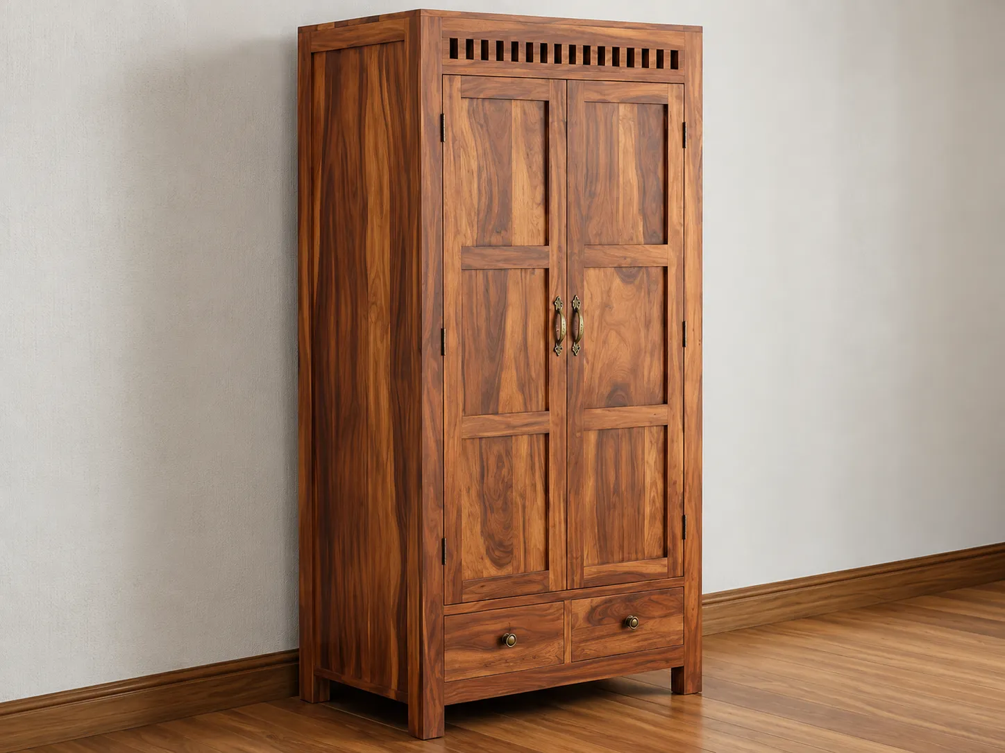 Kallingal Multi-Shutter Heritage Almirah 4 - Traditional Teak Cupboard Kallingal traditional multi-panel teak cupboard with top crown moulding and bottom drawers