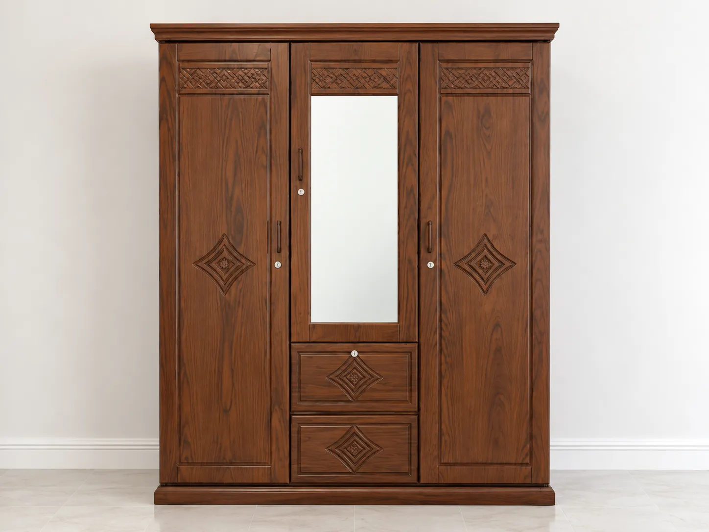 Kallingal Sleek 2-Door Wardrobe 5 - Modern Minimalist Teak Almirah Kallingal modern minimalist 2-door wooden almirah in natural golden teak finish