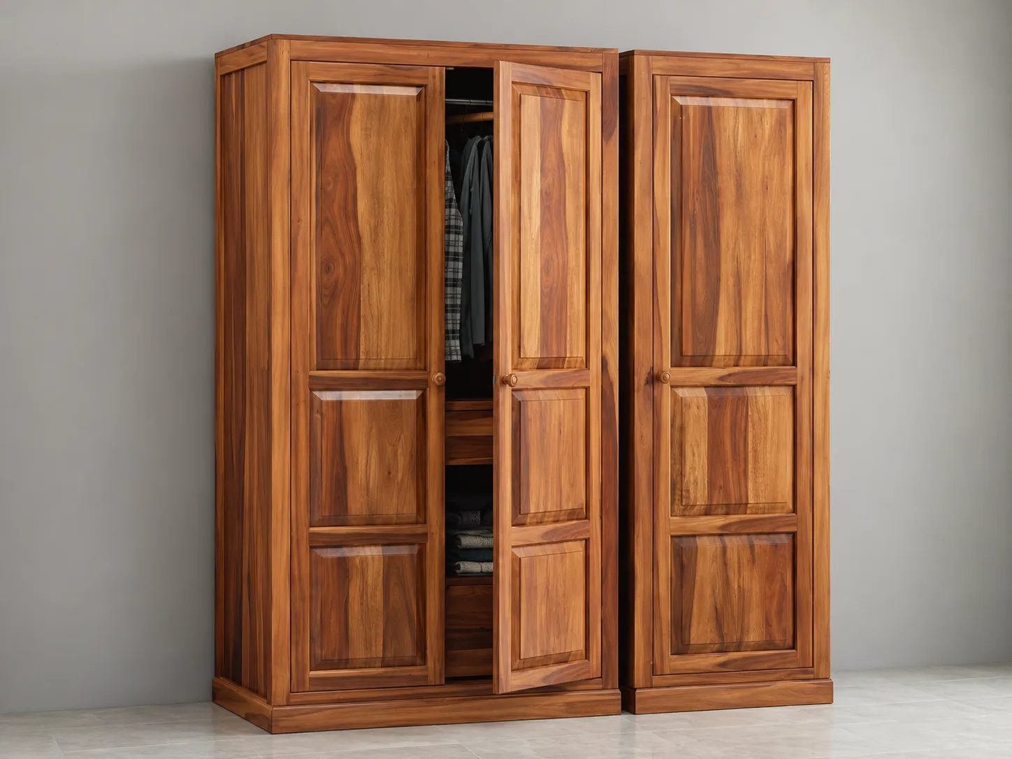 Kallingal Compact Teak 2-Door Almirah 9 - Solid Wood Cupboard Kallingal solid wood two door cupboard with warm honey teak wood polish and sturdy key lock