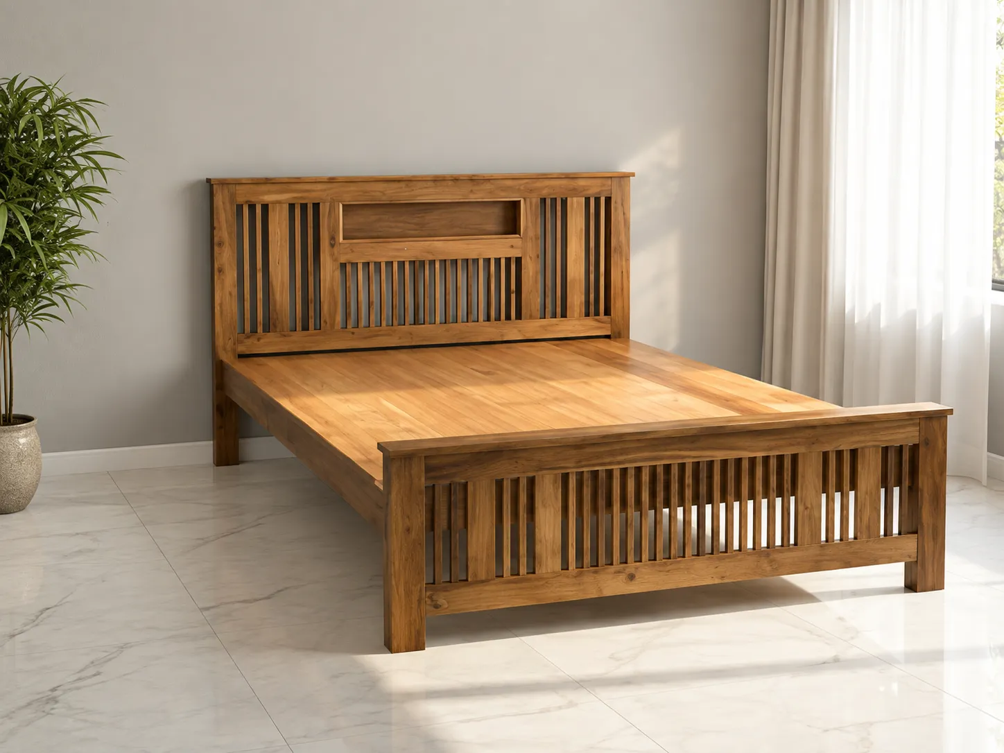 Kallingal King Prestige Cot 13 - Fluted Headboard King Bed Kallingal wide king size teak wood cot with fluted wooden panelling across headboard