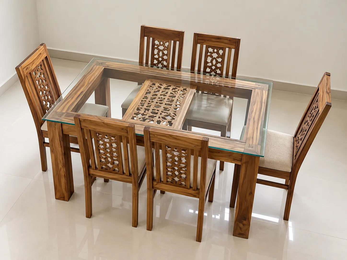 Kallingal Royal 6-Seater Dining Table 1 - Solid Teak Dining Set Kallingal solid Nilambur teak wood 6-seater dining table set with six cushioned ergonomic chairs