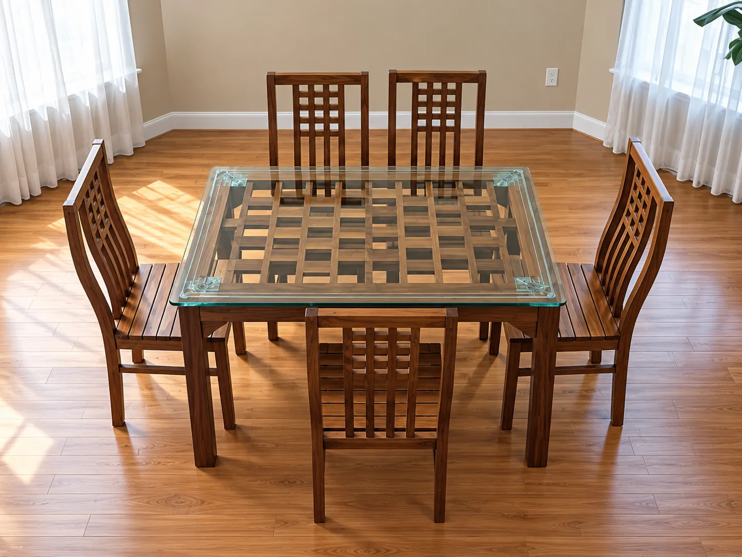Kallingal Glass Top Designer Dining Table 3 - Toughened Glass Teak Table Kallingal designer teak dining table with heavy toughened glass top highlighting wooden pedestal base