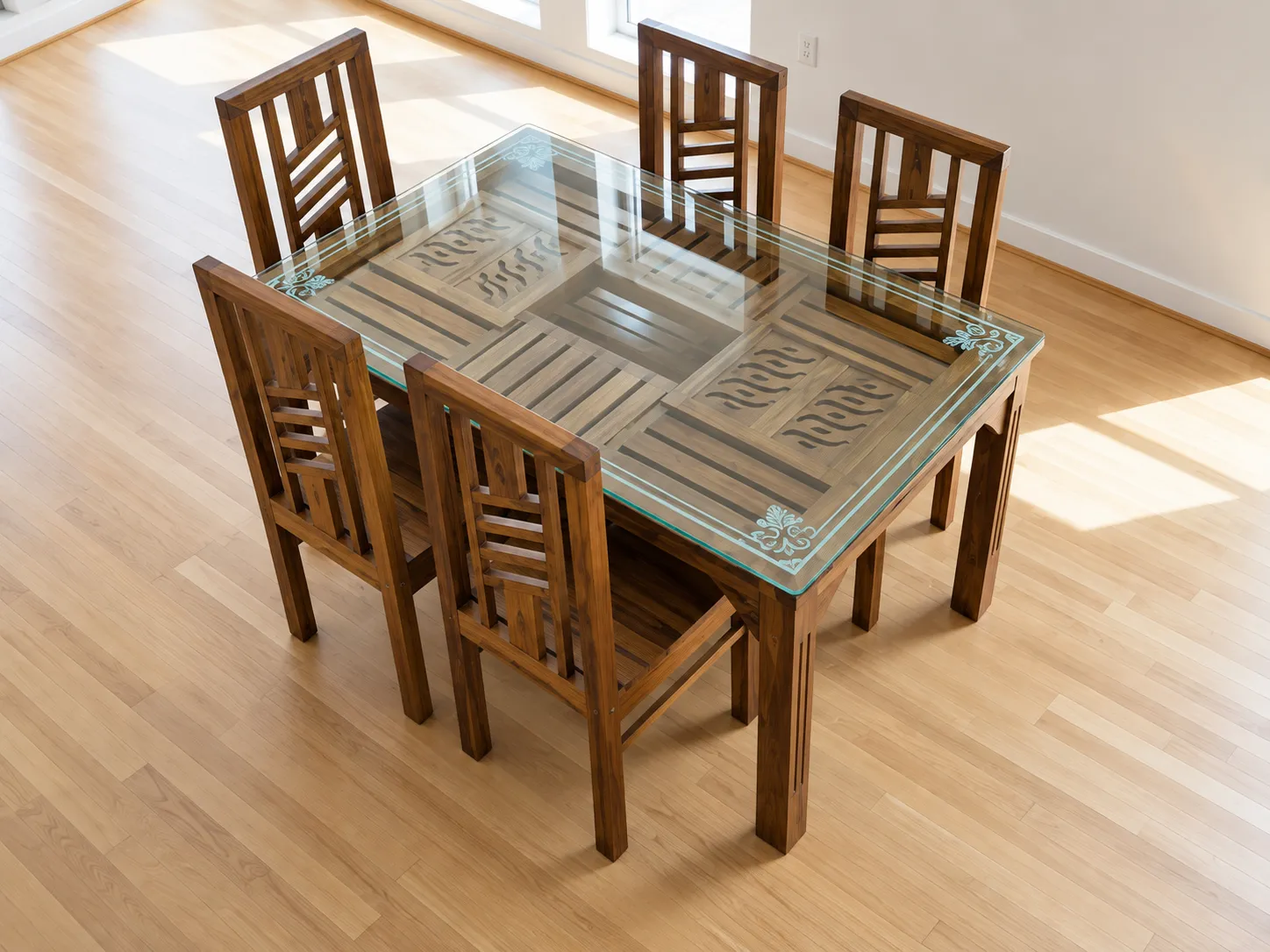 Kallingal Heritage Carved Dining Table 4 - Traditional Carved Dining Set Kallingal South Indian traditional carved teak wood dining table with ornate floral border detailing