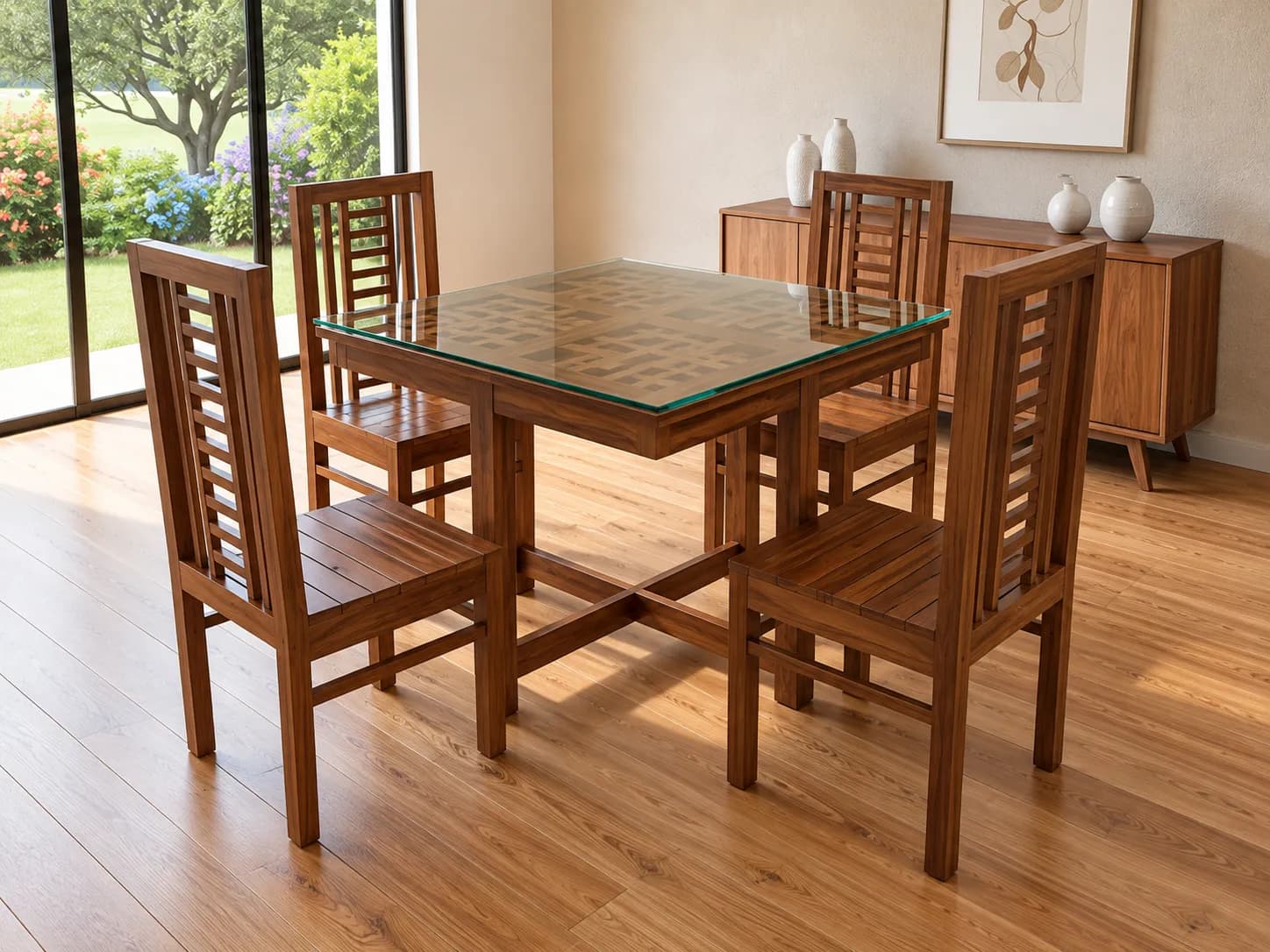 Kallingal Cozy 4-Seater Breakfast Table 6 - Compact Dining Table Kallingal 4-seater square solid wood dining table set with comfortable upholstered seats