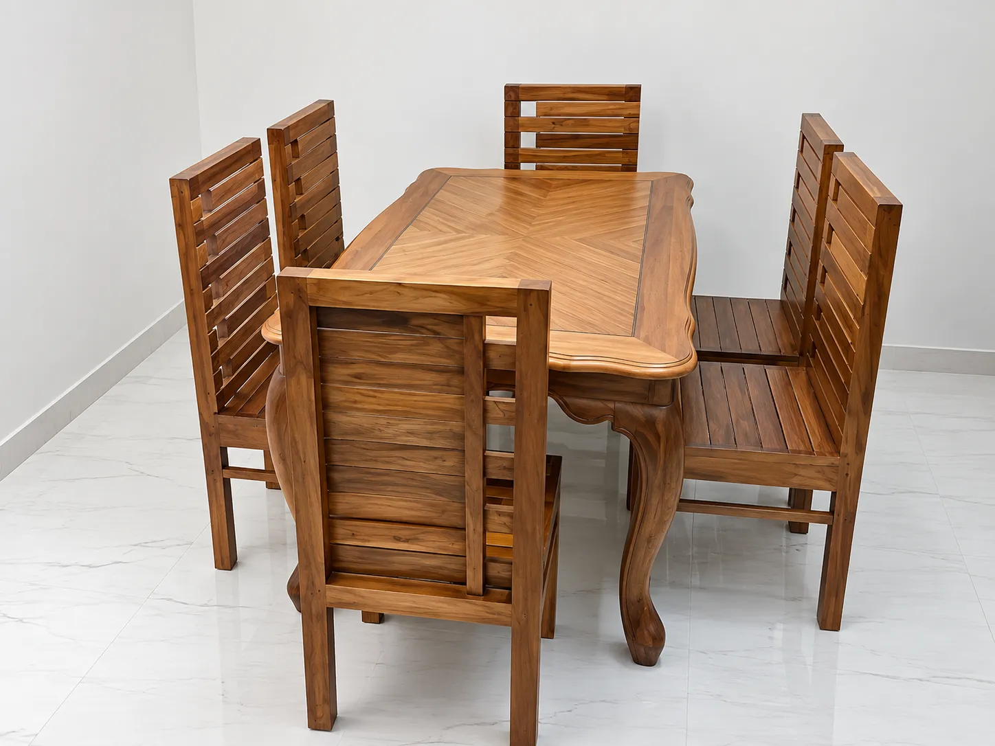 Kallingal Elite Glass Top Dining Table 7 - Luxury Glass Dining Table Kallingal luxury glass top dining table with sculpted solid teak wood legs and gold finish accents