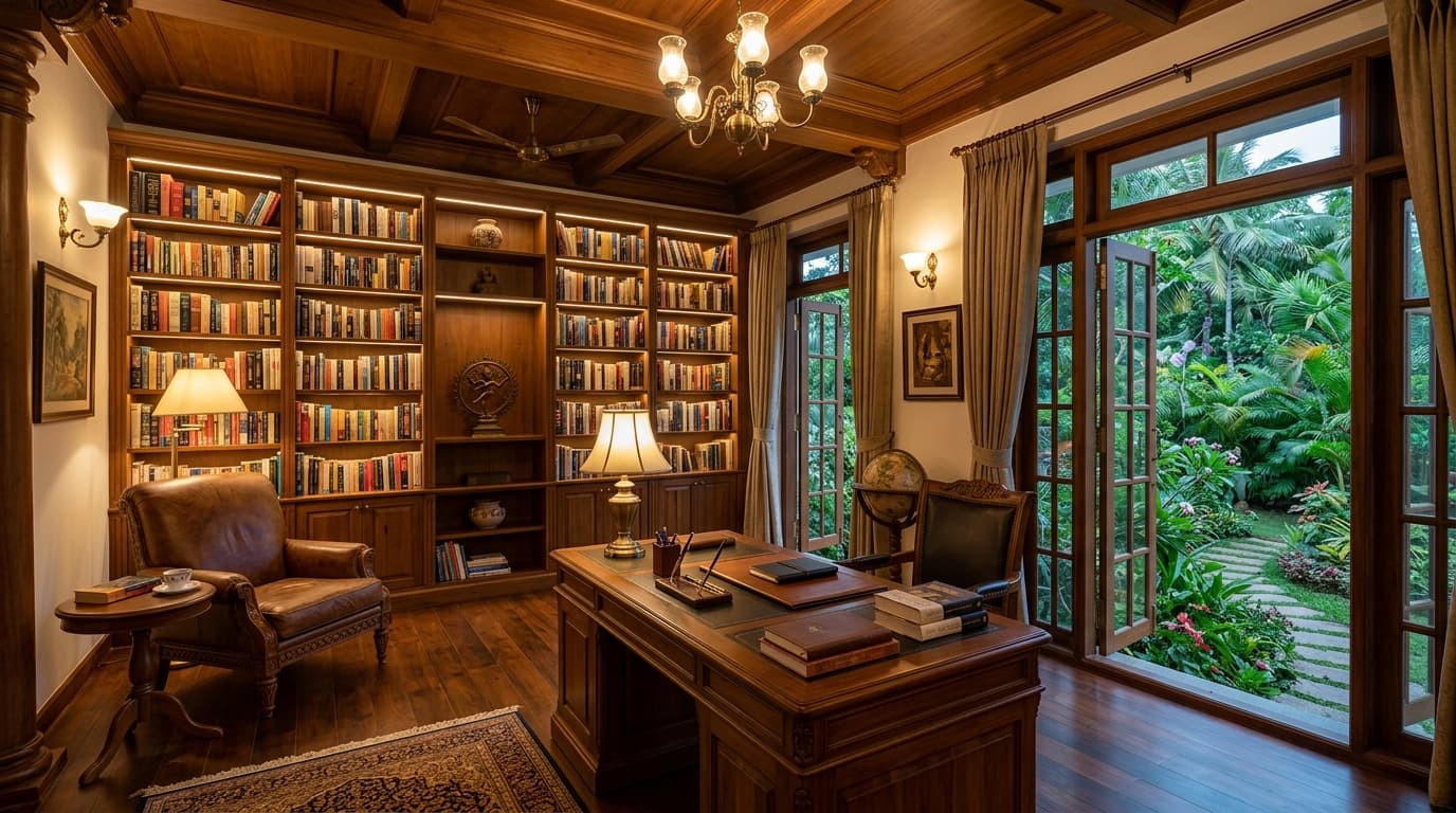 Elegant home library and study furnished with handcrafted solid teak wood furniture