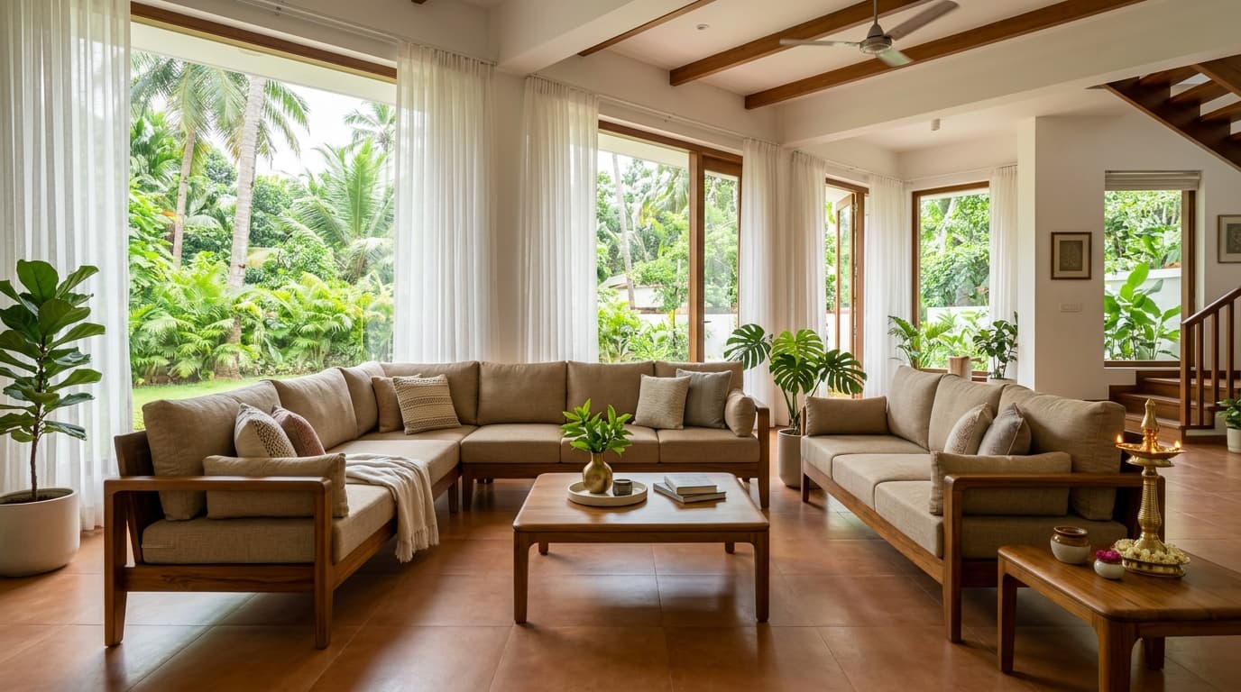 Contemporary Kerala living room with premium Nilambur teak wood sofa set and ambient natural light