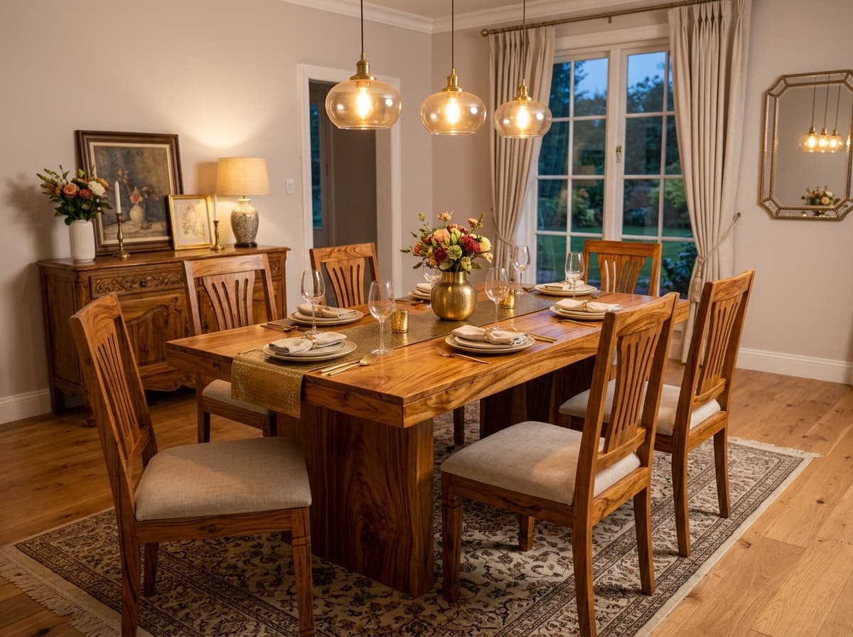Solid Nilambur teak wood dining table set with six upholstered chairs - Kallingal Furniture